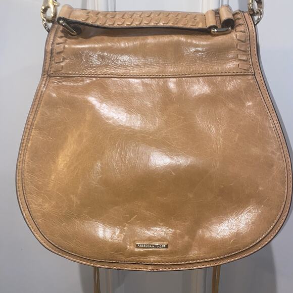 REBECCA MINKOFF Whipstitch Leather Saddle Crossbody Shoulder Bag Flap Brown Tan - Picture 13 of 16
